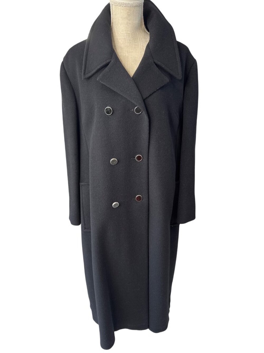 Forstmann Womens Black Wool Double-Breasted Coat Large Lapels Mid-Length Vintage
